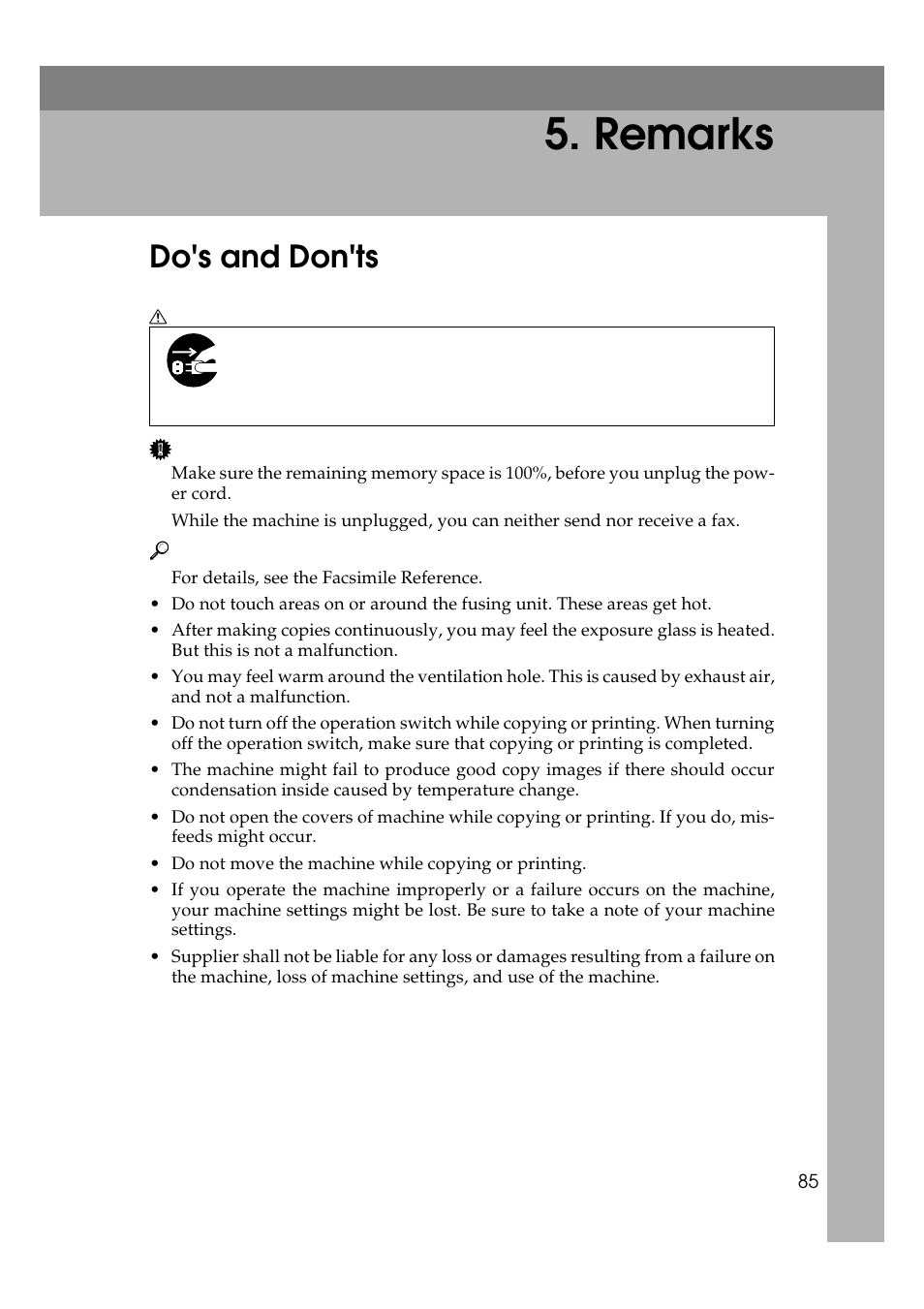 Remarks, Do's and don'ts | Ricoh Aficio Copy Machine 180 User Manual | Page 102 / 595
