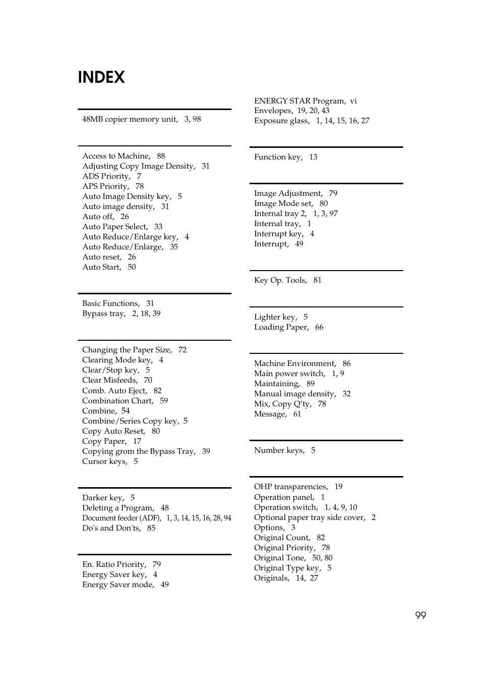 Index | Ricoh Aficio Copy Machine 180 User Manual | Page 116 / 595