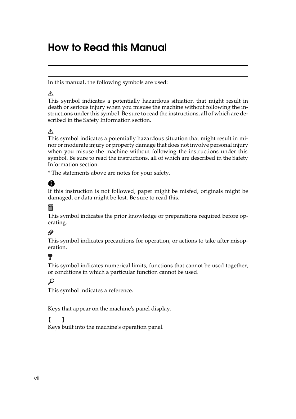 How to read this manual | Ricoh Aficio Copy Machine 180 User Manual | Page 12 / 595