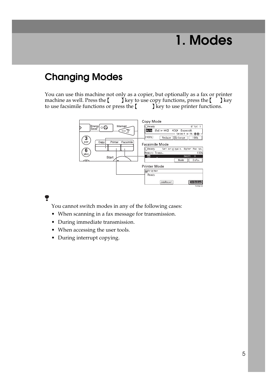 Modes, Changing modes 5, Changing modes | Ricoh Aficio Copy Machine 180 User Manual | Page 128 / 595