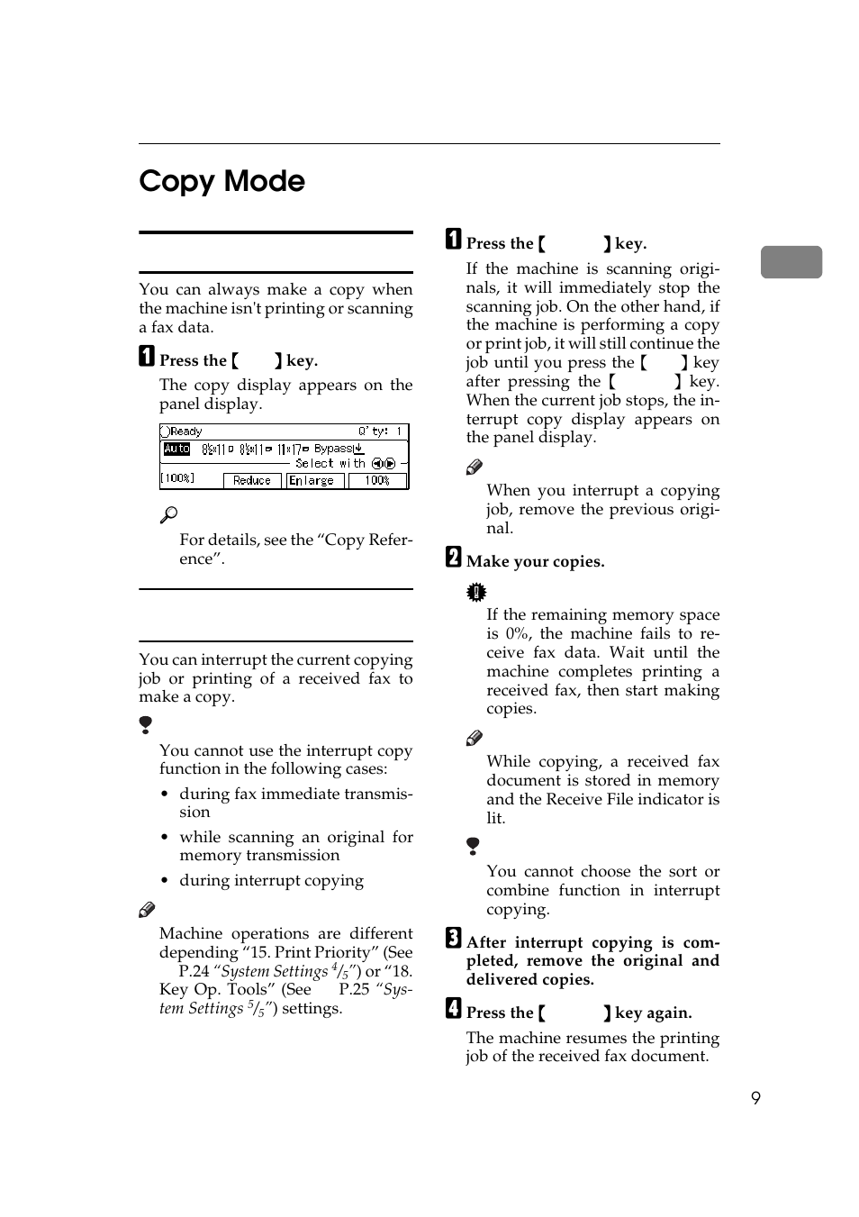 Copy mode 9, Copy mode, Changing to copy mode | 1copy mode | Ricoh Aficio Copy Machine 180 User Manual | Page 132 / 595
