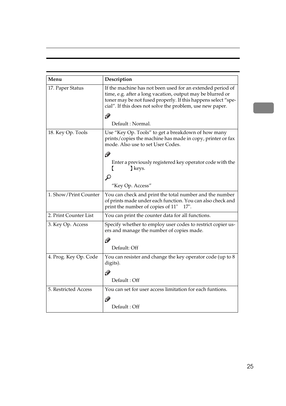 System settings, P.25 “sys, Tem settings | P.25 “system settings | Ricoh Aficio Copy Machine 180 User Manual | Page 148 / 595
