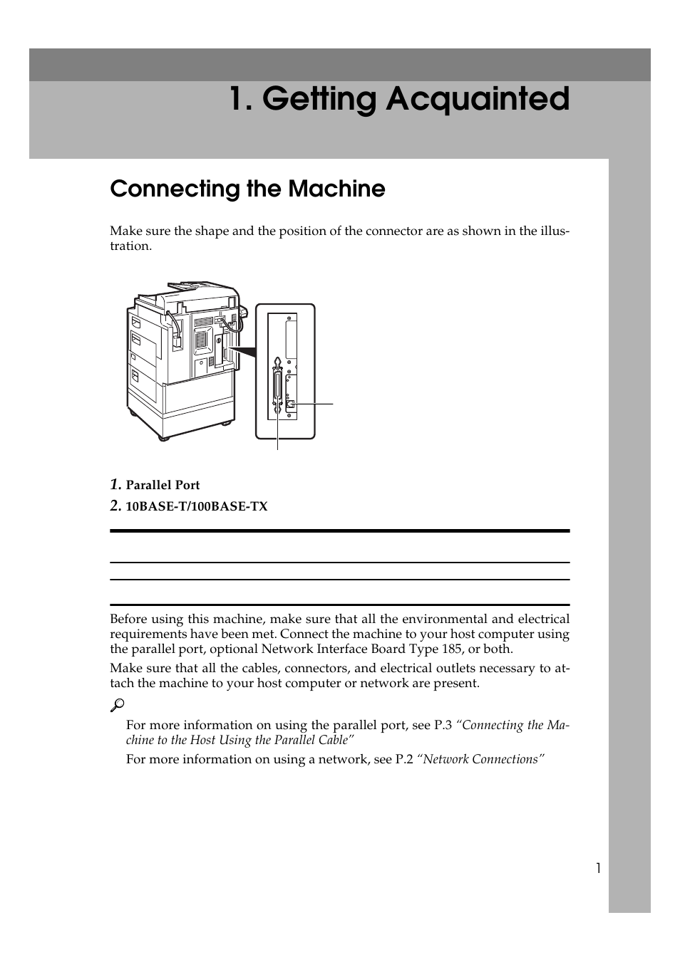 Getting acquainted, Connecting the machine, Requirements | Ricoh Aficio Copy Machine 180 User Manual | Page 156 / 595