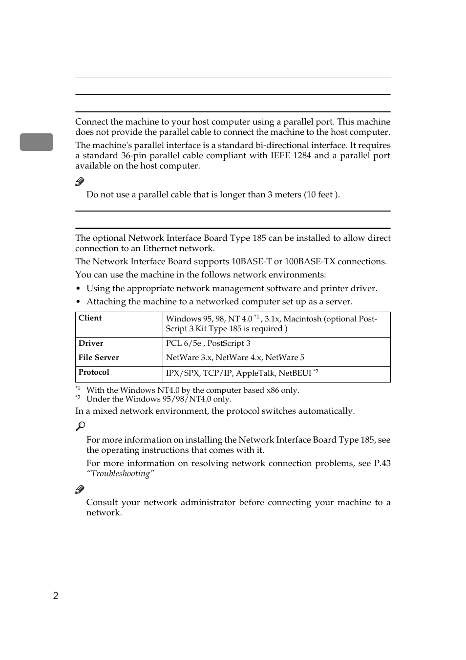 Parallel cable requirements, Network connections | Ricoh Aficio Copy Machine 180 User Manual | Page 157 / 595