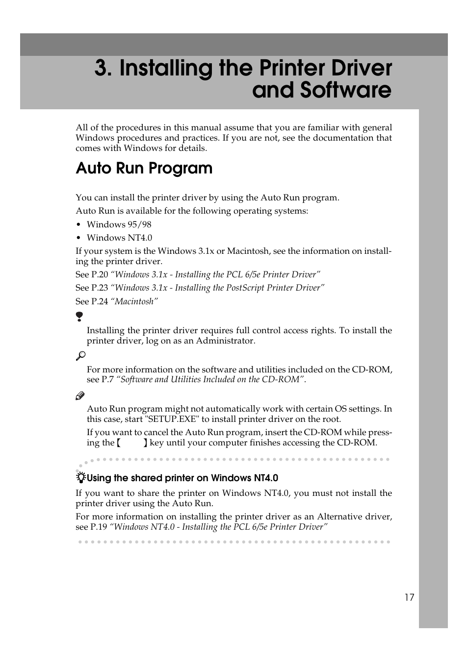 Installing the printer driver and software, Auto run program, Using the shared printer on windows nt4.0 | Ricoh Aficio Copy Machine 180 User Manual | Page 172 / 595