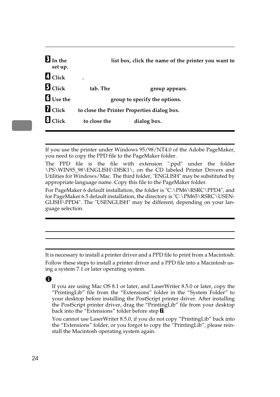 Macintosh, P.24 “macintosh, See p.24 “macintosh | Using the adobe pagemaker version 6.0 or 6.5 | Ricoh Aficio Copy Machine 180 User Manual | Page 179 / 595