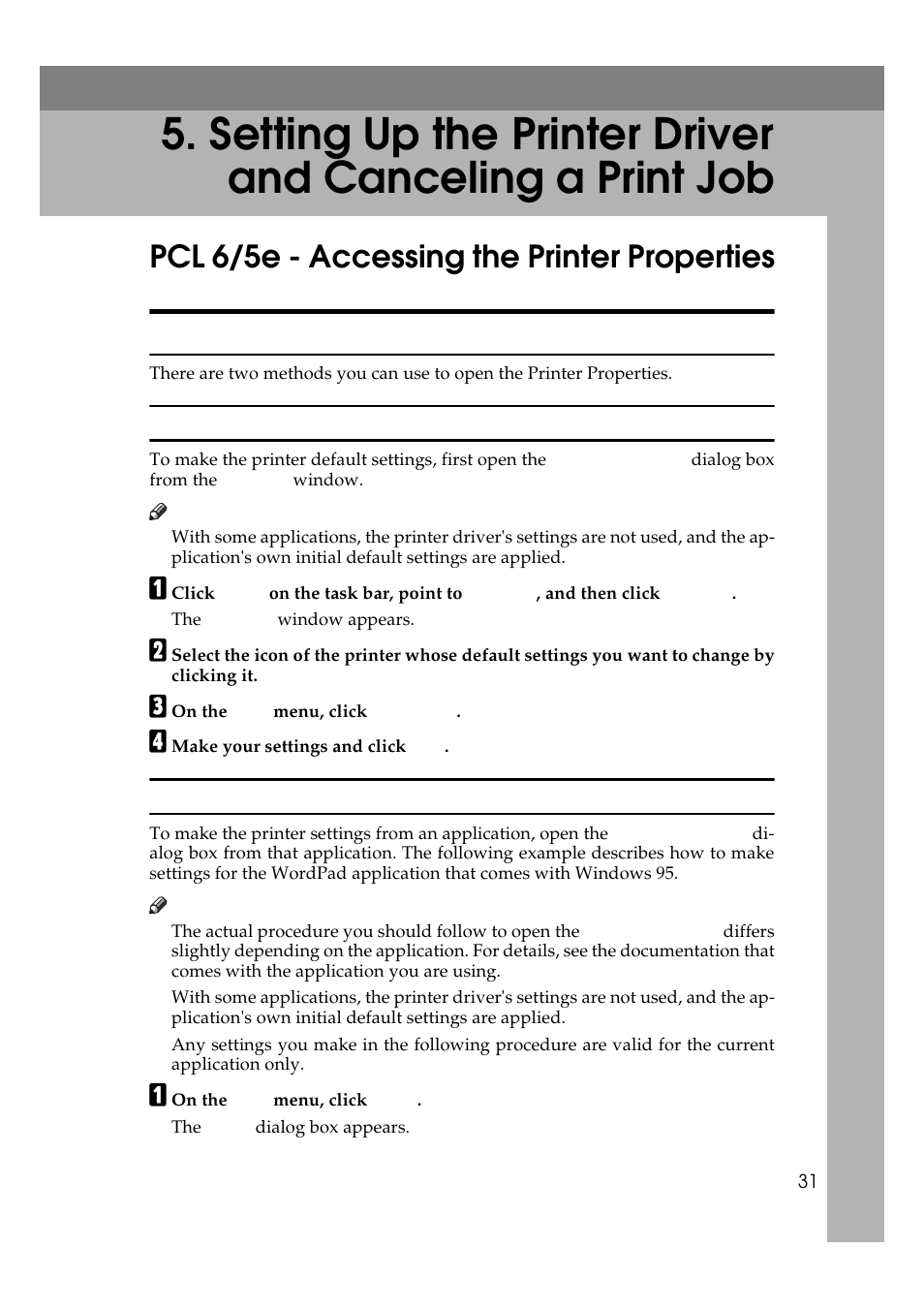 Pcl 6/5e - accessing the printer properties, Windows 95/98 - accessing the printer properties, Making printer default settings | Making printer settings from an application, Basic procedure, User tools (system settings) | Ricoh Aficio Copy Machine 180 User Manual | Page 186 / 595