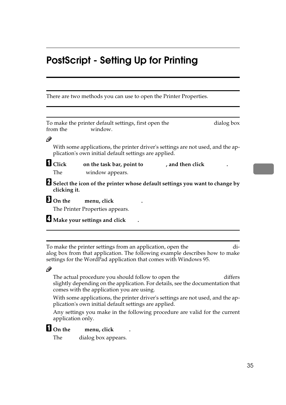 Postscript - setting up for printing, Windows 95/98 - accessing the printer properties, Making printer default settings | Making printer settings from an application, 5postscript - setting up for printing | Ricoh Aficio Copy Machine 180 User Manual | Page 190 / 595