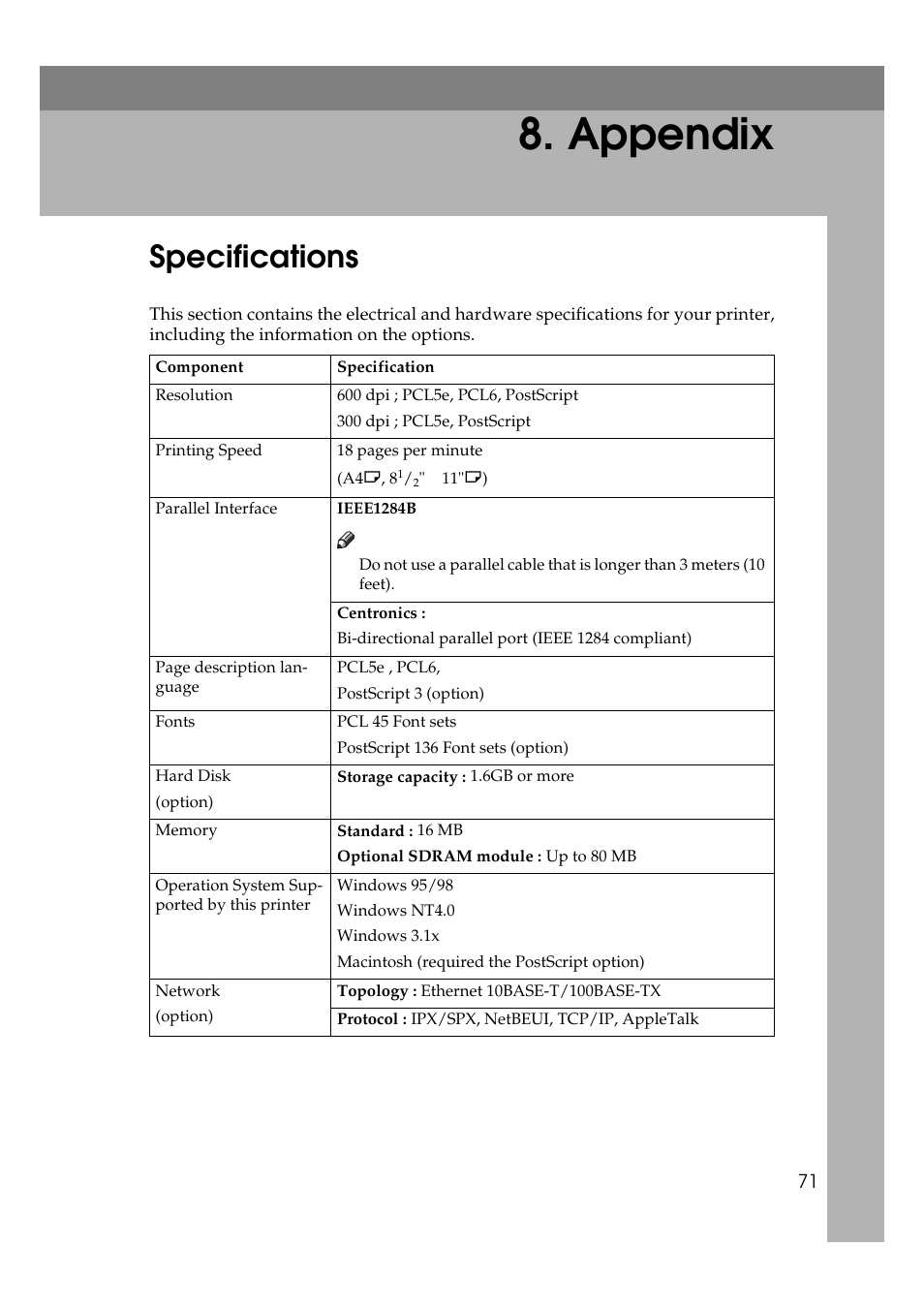 Appendix, Specifications, P.71 “spec- ifications | Ricoh Aficio Copy Machine 180 User Manual | Page 226 / 595