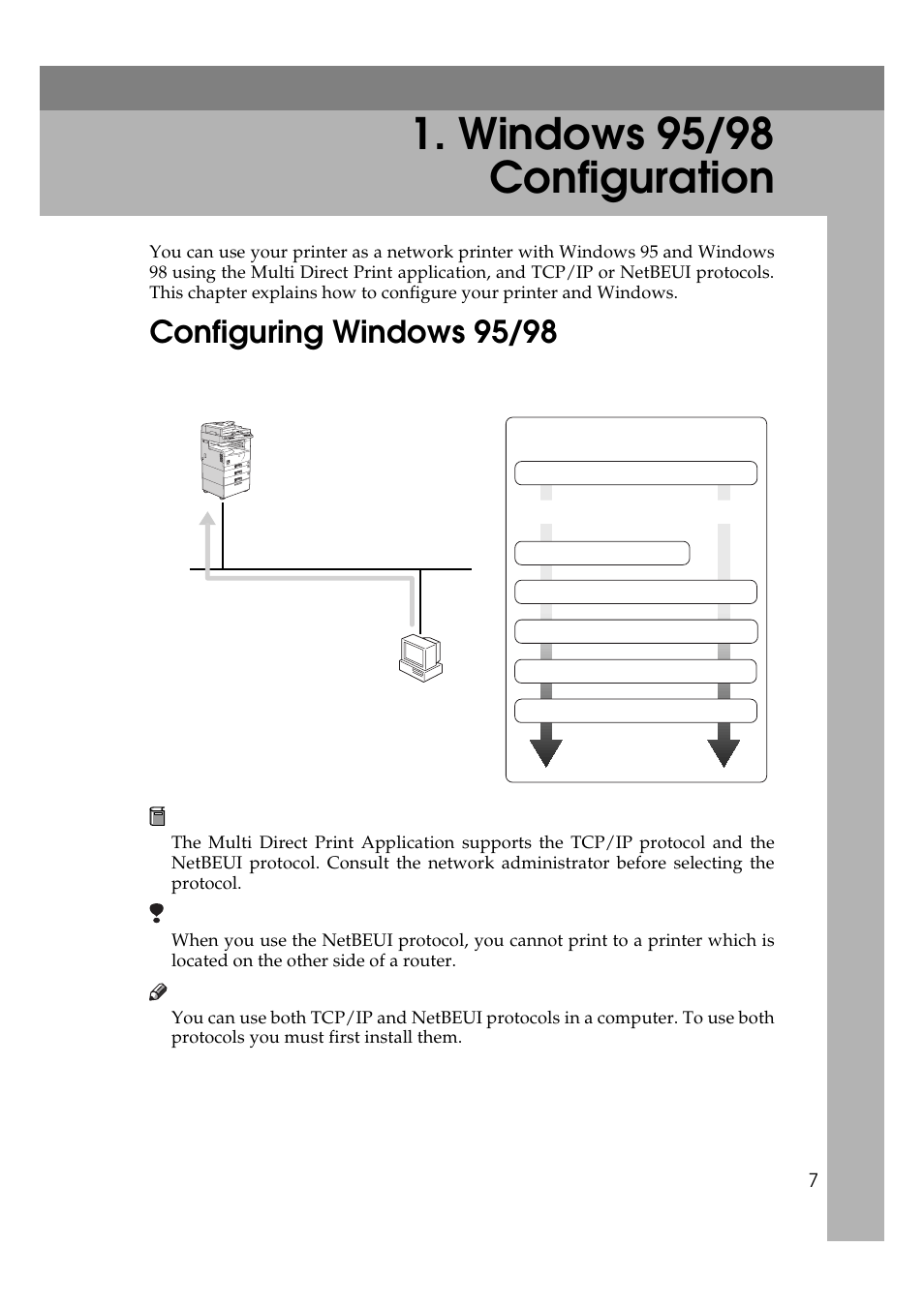 Windows 95/98 configuration, Configuring windows 95/98 | Ricoh Aficio Copy Machine 180 User Manual | Page 242 / 595