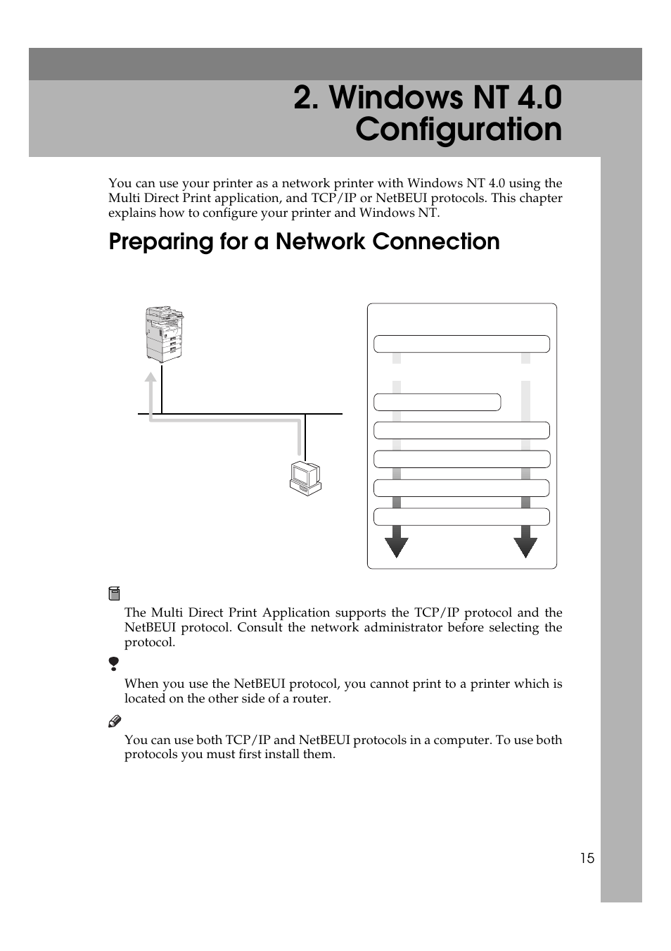 Windows nt 4.0 configuration, Preparing for a network connection | Ricoh Aficio Copy Machine 180 User Manual | Page 250 / 595