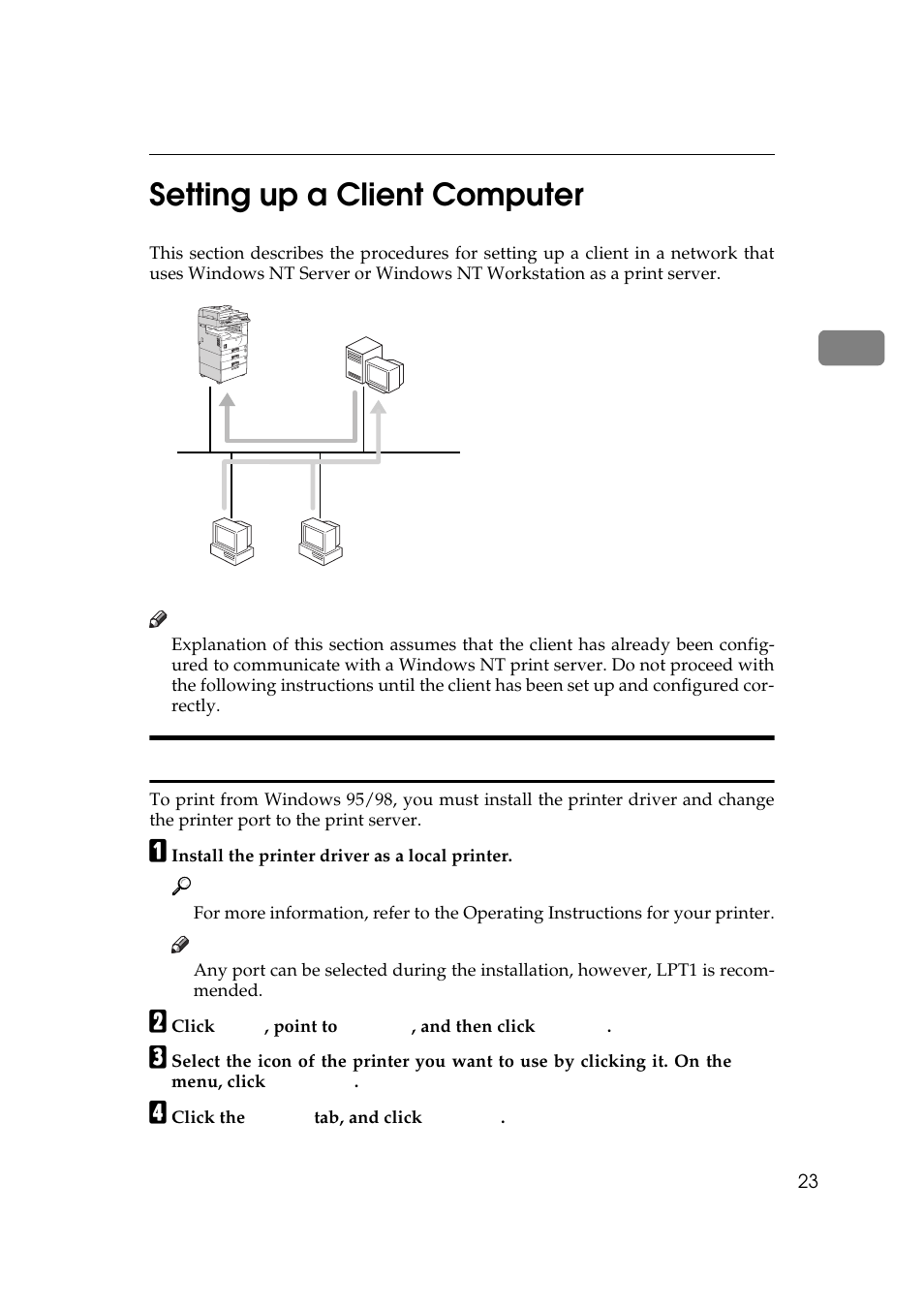 Setting up a client computer, Windows 95/98, 2setting up a client computer | Ricoh Aficio Copy Machine 180 User Manual | Page 258 / 595