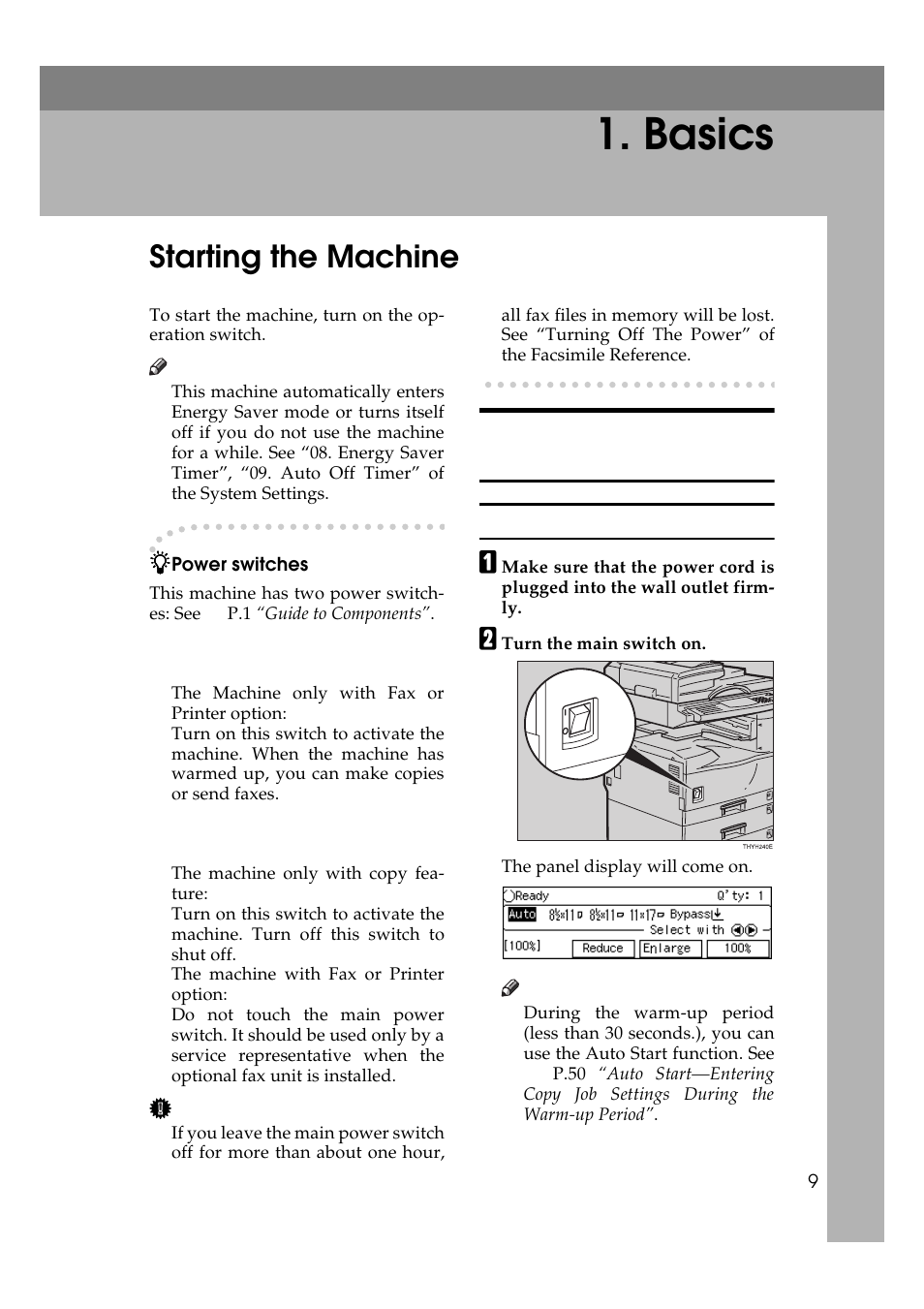 Basics, Starting the machine, When the machine only with copy feature | Ricoh Aficio Copy Machine 180 User Manual | Page 26 / 595