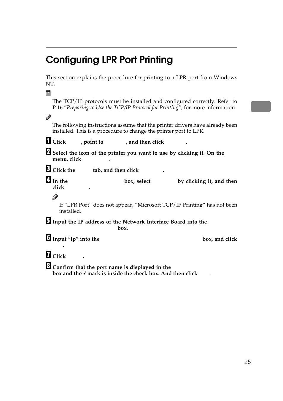 Configuring lpr port printing, 2configuring lpr port printing | Ricoh Aficio Copy Machine 180 User Manual | Page 260 / 595