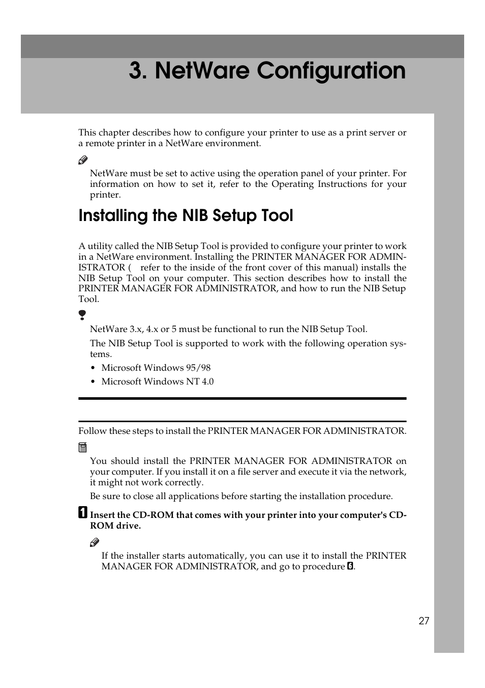 Netware configuration, Installing the nib setup tool, Installing the printer manager for administrator | Ricoh Aficio Copy Machine 180 User Manual | Page 262 / 595