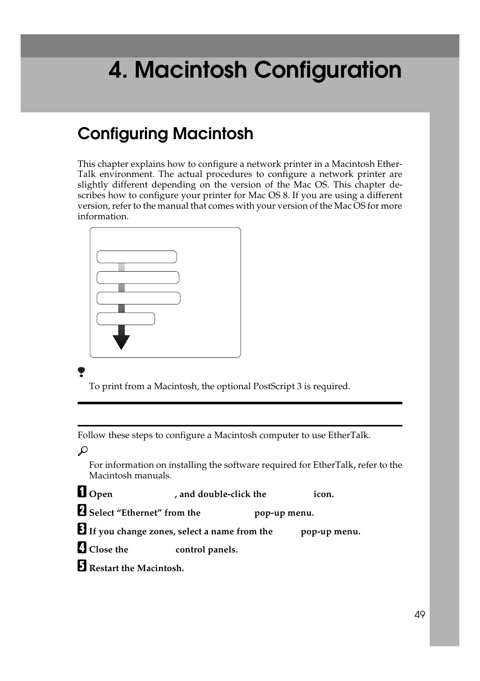 Macintosh configuration, Configuring macintosh, Changing to ethertalk | Ricoh Aficio Copy Machine 180 User Manual | Page 284 / 595