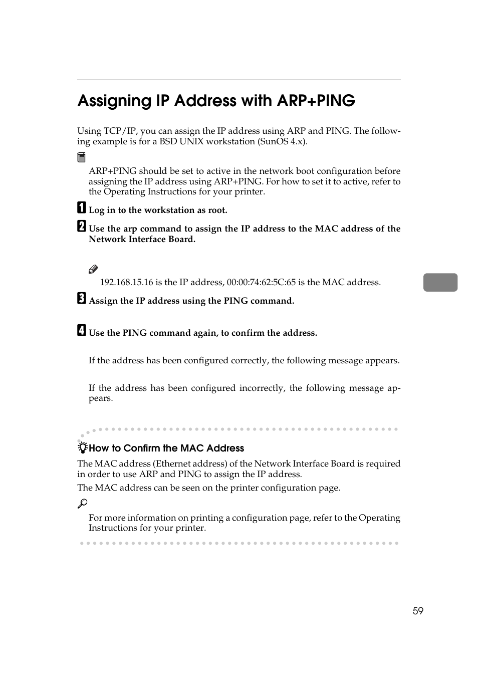 Assigning ip address with arp+ping, How to confirm the mac address, 5assigning ip address with arp+ping | Ricoh Aficio Copy Machine 180 User Manual | Page 294 / 595