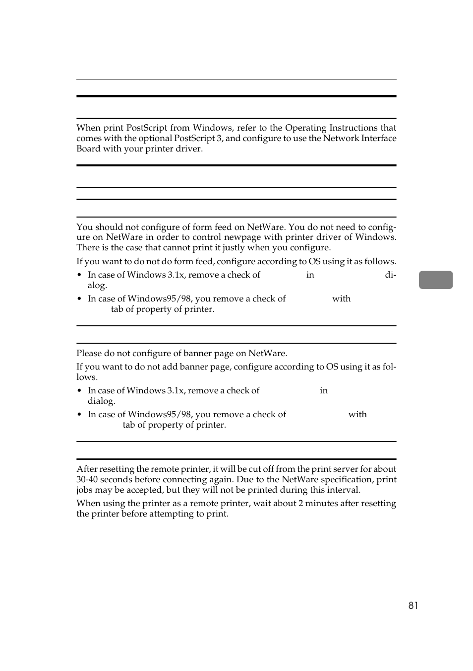 When printing postscript from windows, When print it with netware, Configuration of form feed | Printing after resetting the printer | Ricoh Aficio Copy Machine 180 User Manual | Page 316 / 595