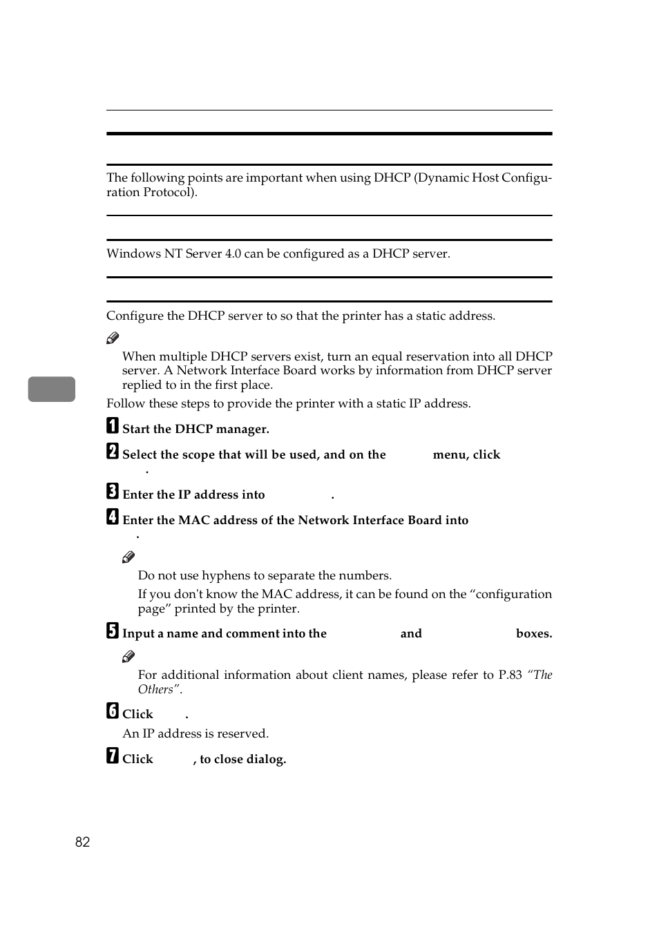 When using dhcp, Supported systems, Give the printer a static address | Ricoh Aficio Copy Machine 180 User Manual | Page 317 / 595