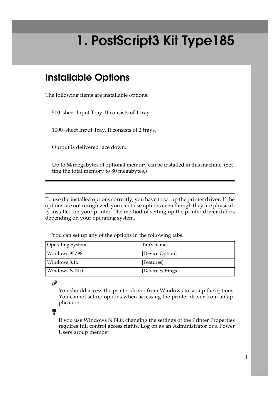 Postscript3 kit type185, Installable options, Setting up options | Ricoh Aficio Copy Machine 180 User Manual | Page 333 / 595