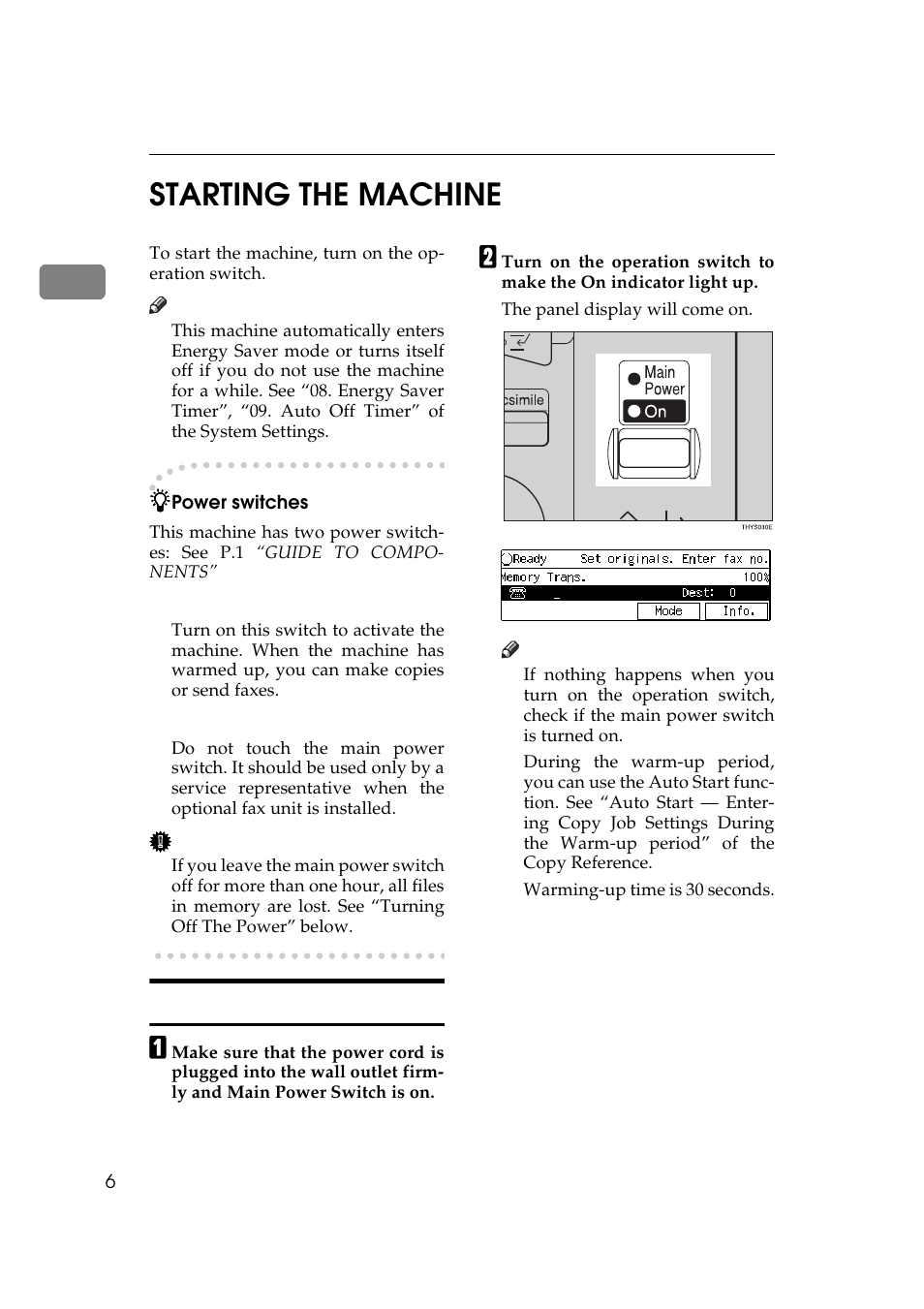 P.6 “turning on the, Power, 1starting the machine | Turning on the power | Ricoh Aficio Copy Machine 180 User Manual | Page 391 / 595