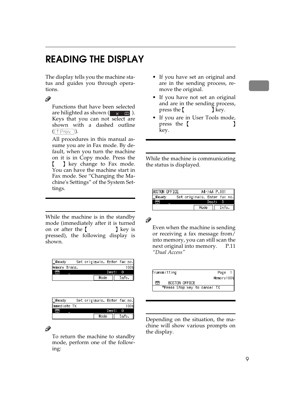 1reading the display, Standby display, Communication display | Display prompts | Ricoh Aficio Copy Machine 180 User Manual | Page 394 / 595