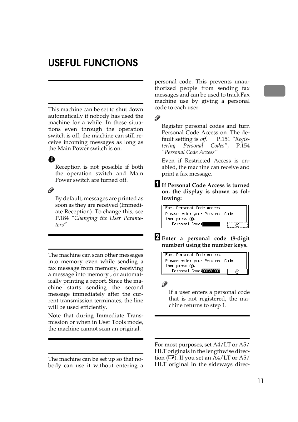 P.11 “automatic power reception function, P.11, Dual access | 1useful functions, Automatic power reception function, Personal code access, Transmission with image rotation | Ricoh Aficio Copy Machine 180 User Manual | Page 396 / 595