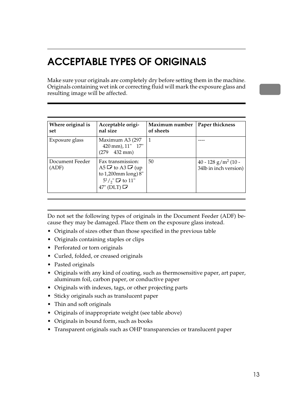 1acceptable types of originals, Acceptable original sizes | Ricoh Aficio Copy Machine 180 User Manual | Page 398 / 595