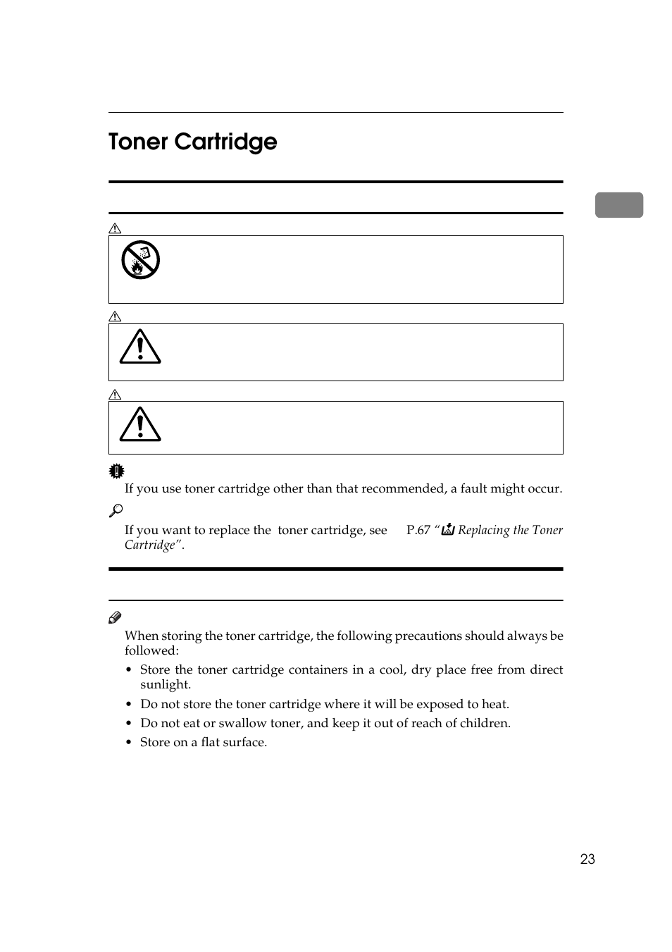 Toner cartridge, Handling toner, 1toner cartridge | Toner storage | Ricoh Aficio Copy Machine 180 User Manual | Page 40 / 595