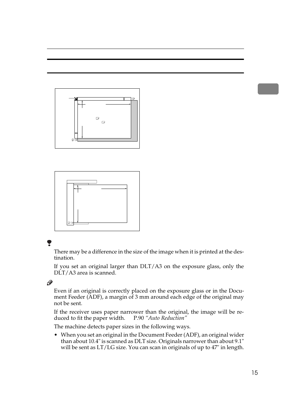 Paper size and scanned area, Exposure glass ❖ ❖ ❖ ❖ document feeder (adf) | Ricoh Aficio Copy Machine 180 User Manual | Page 400 / 595