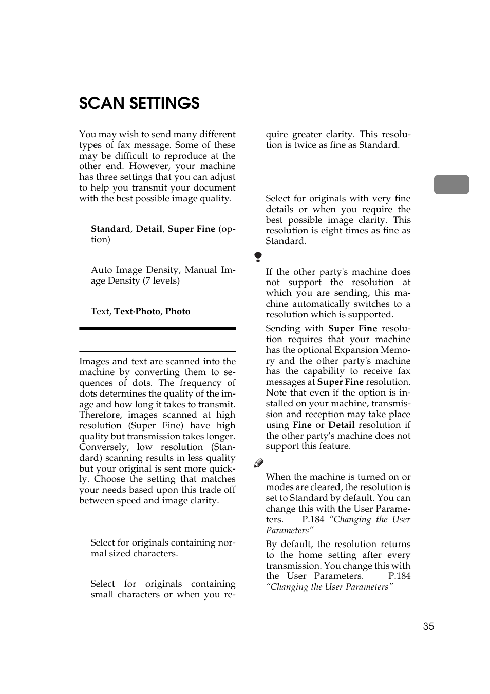 P.35 “scan settings, 2scan settings, Resolution | Ricoh Aficio Copy Machine 180 User Manual | Page 420 / 595