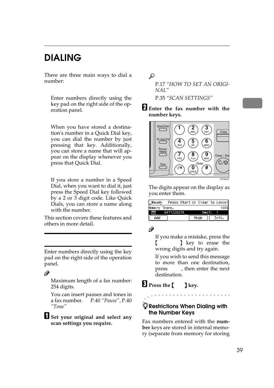 P.39 “dialing, 2dialing, Number keys | Ricoh Aficio Copy Machine 180 User Manual | Page 424 / 595