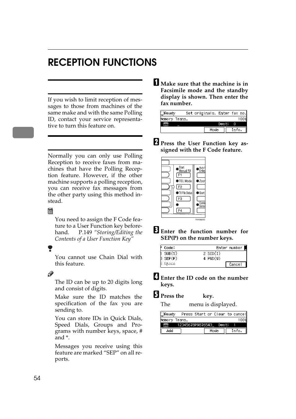 3reception functions, Id reception, F code (sep) | Ricoh Aficio Copy Machine 180 User Manual | Page 439 / 595