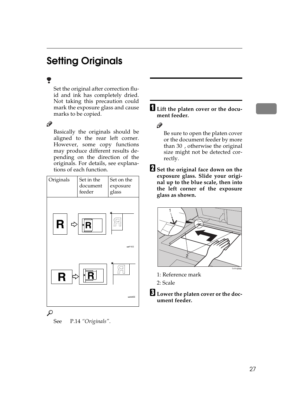 Setting originals, Setting originals on the exposure glass, P.27 “setting originals | 2setting originals | Ricoh Aficio Copy Machine 180 User Manual | Page 44 / 595