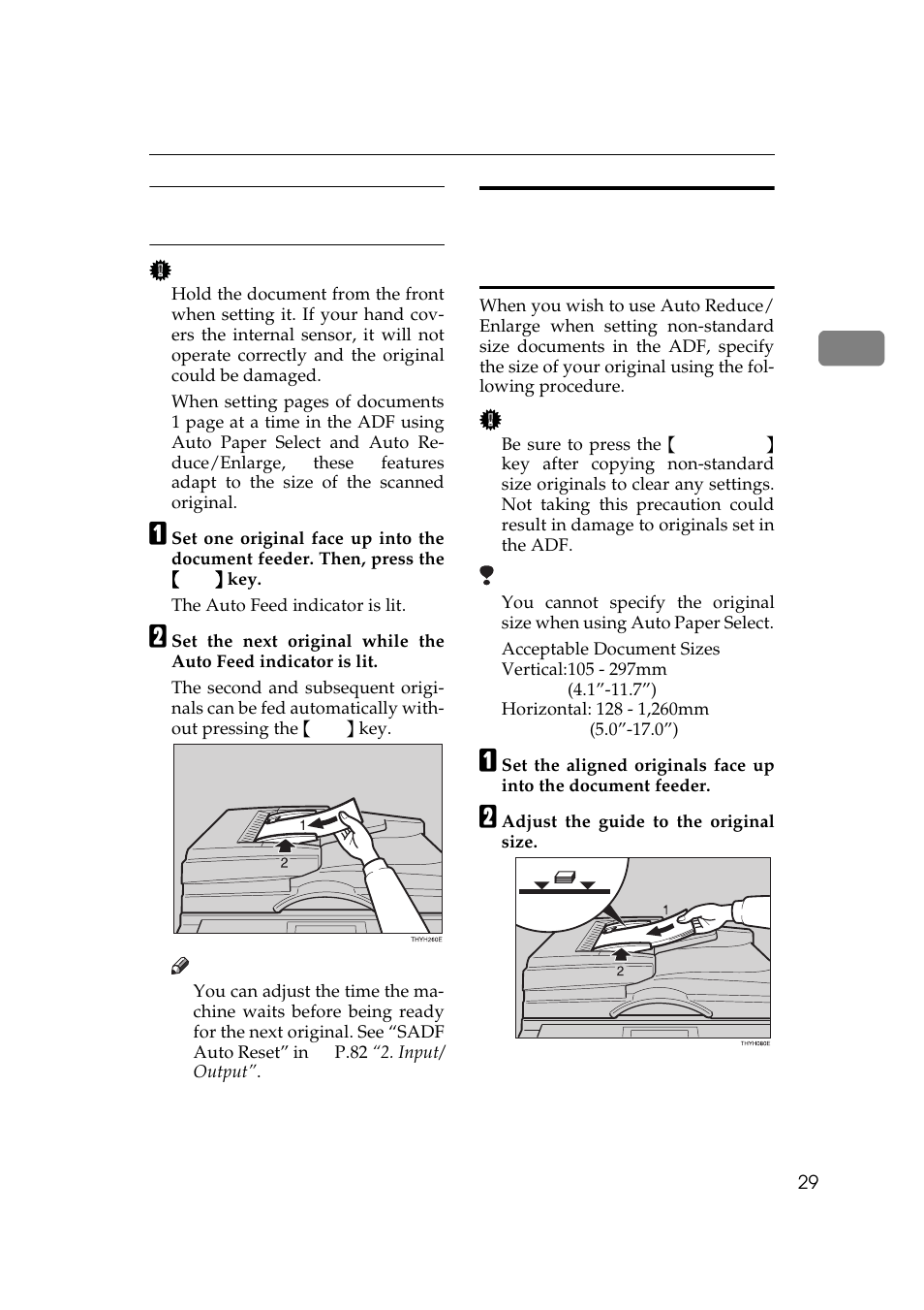 P.29 “setting one, Original at a time (sadf) mode, P.29 “set | Ting one original at a time (sadf) mode | Ricoh Aficio Copy Machine 180 User Manual | Page 46 / 595