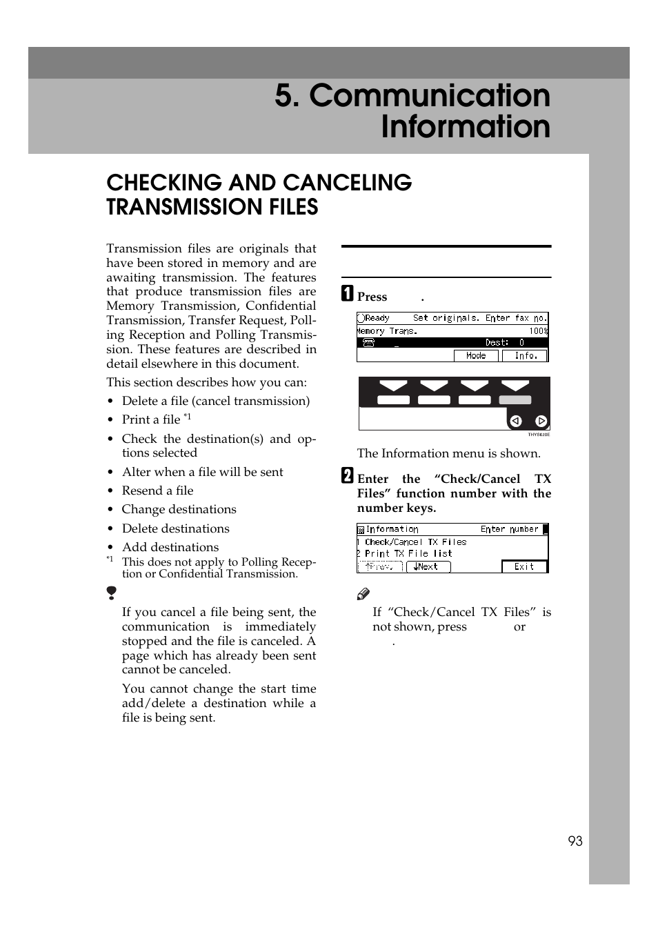 Communication information, Checking and canceling transmission files, Canceling a transmission | Ricoh Aficio Copy Machine 180 User Manual | Page 478 / 595