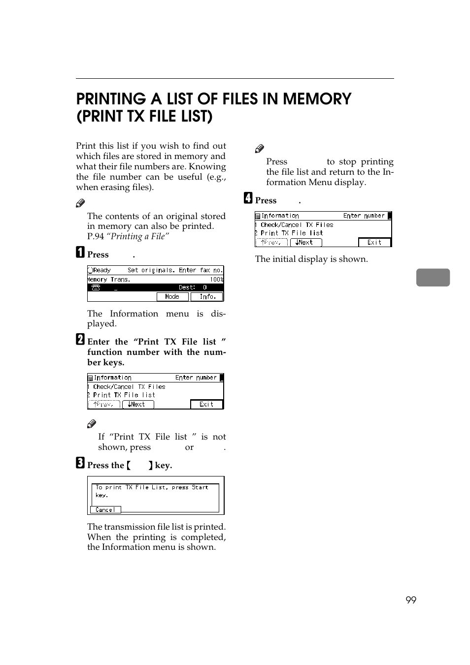 P.99 “printing a, List of files in memory (print tx file list), Can change this with the us | Ricoh Aficio Copy Machine 180 User Manual | Page 484 / 595