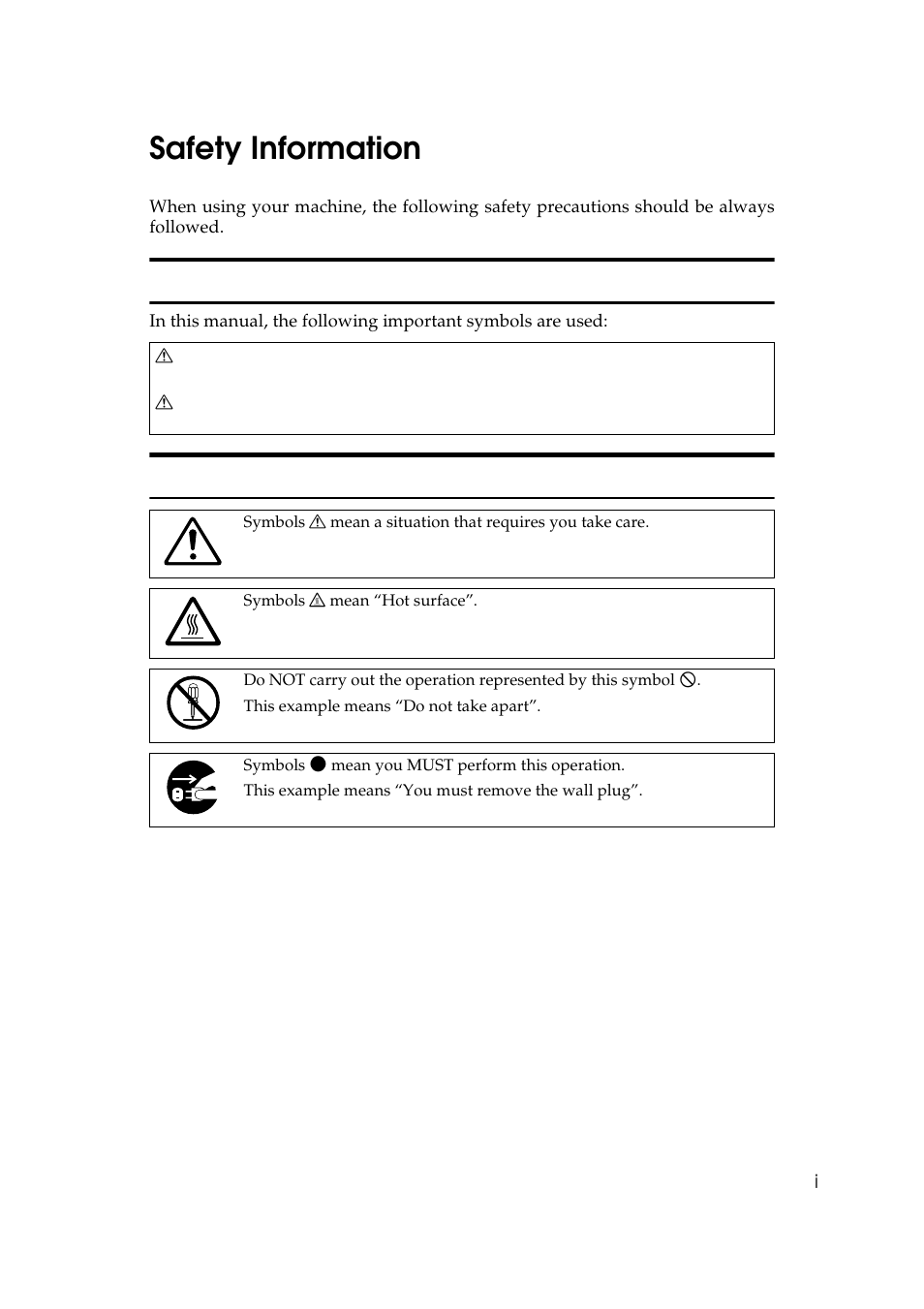 Safety information, Safety during operation, Examples of indications | Ricoh Aficio Copy Machine 180 User Manual | Page 5 / 595