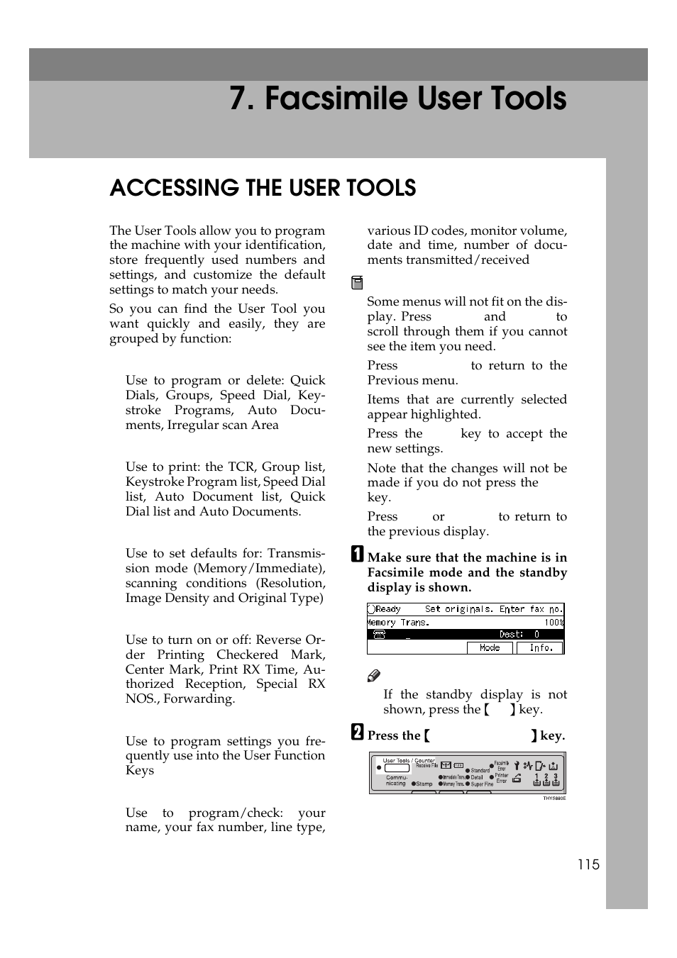Specification, Mainframe, Facsimile user tools | Accessing the user tools | Ricoh Aficio Copy Machine 180 User Manual | Page 500 / 595