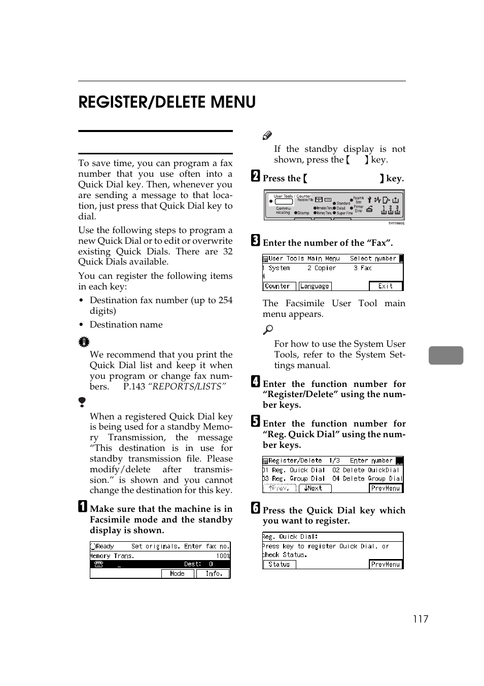 P.117 “registering quick dials, 7register/delete menu, Registering quick dials | Ricoh Aficio Copy Machine 180 User Manual | Page 502 / 595