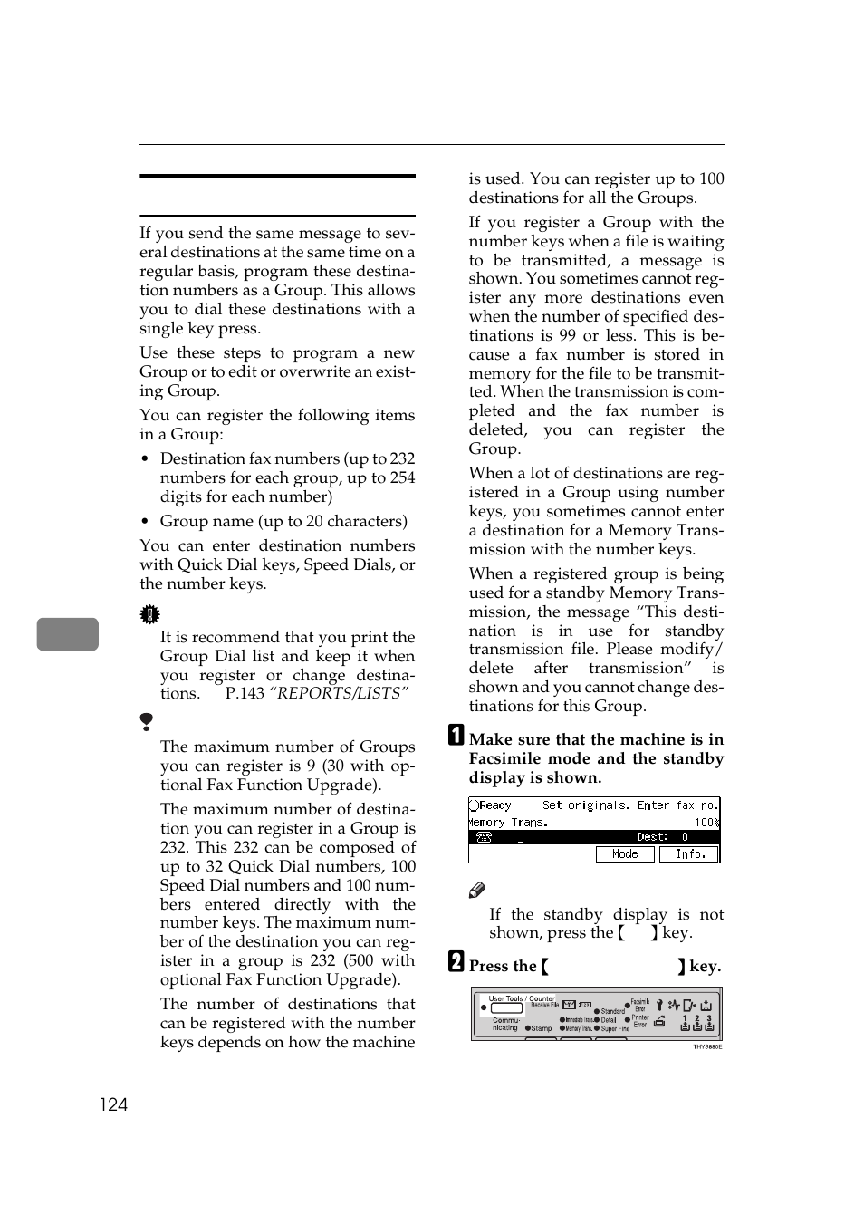 P.124 “registering groups, Registering groups | Ricoh Aficio Copy Machine 180 User Manual | Page 509 / 595