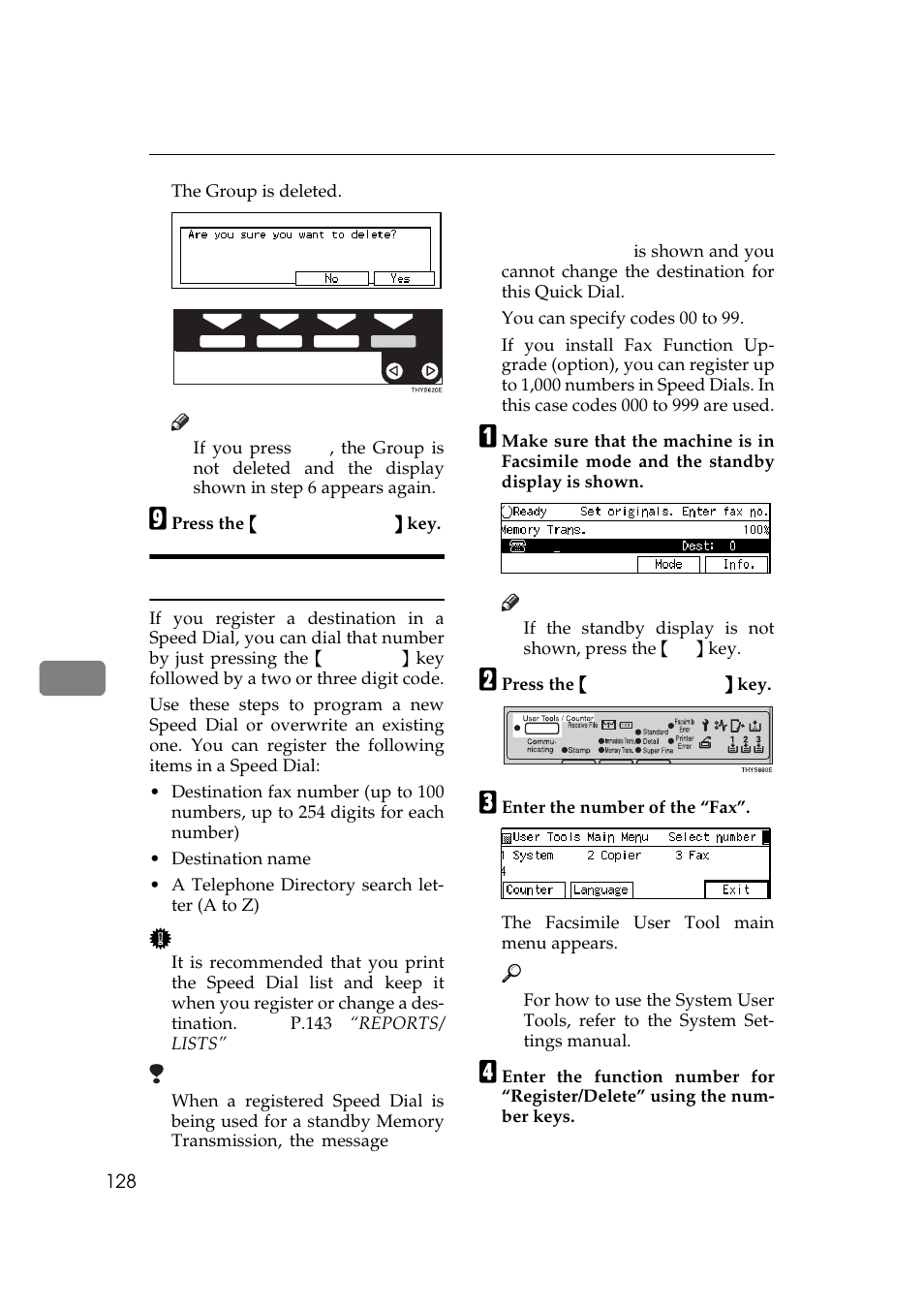 P.128 “registering, Speed dials, Registering speed dials | Ricoh Aficio Copy Machine 180 User Manual | Page 513 / 595