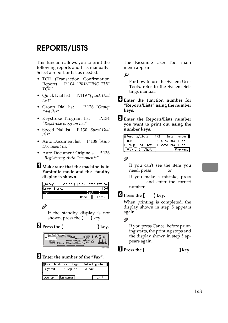 P.143 “re, Ports/lists, P.143 “reports/lists | 7reports/lists | Ricoh Aficio Copy Machine 180 User Manual | Page 528 / 595