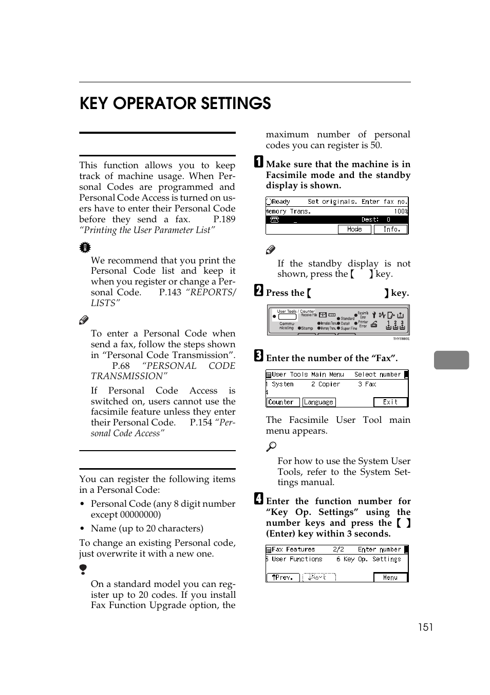 P.151 “regis, Tering personal codes, P.151 “key | Operator settings, P.151, Registering personal codes, P.151 “key operator, Settings, 7key operator settings, Personal codes | Ricoh Aficio Copy Machine 180 User Manual | Page 536 / 595