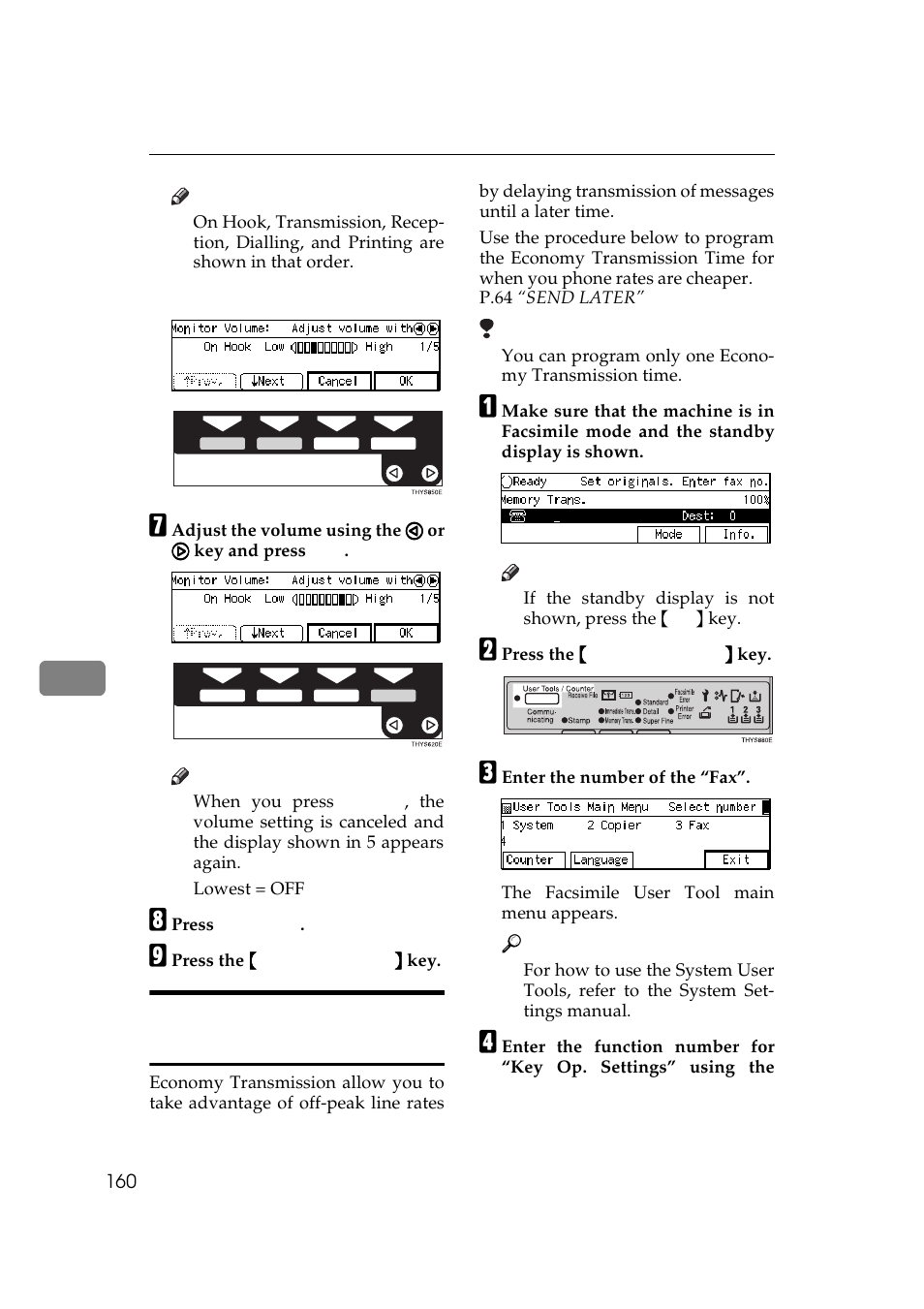 P.160 “registering, The economy transmission time, P.160 “registering the economy transmission time | Registering the economy transmission time | Ricoh Aficio Copy Machine 180 User Manual | Page 545 / 595