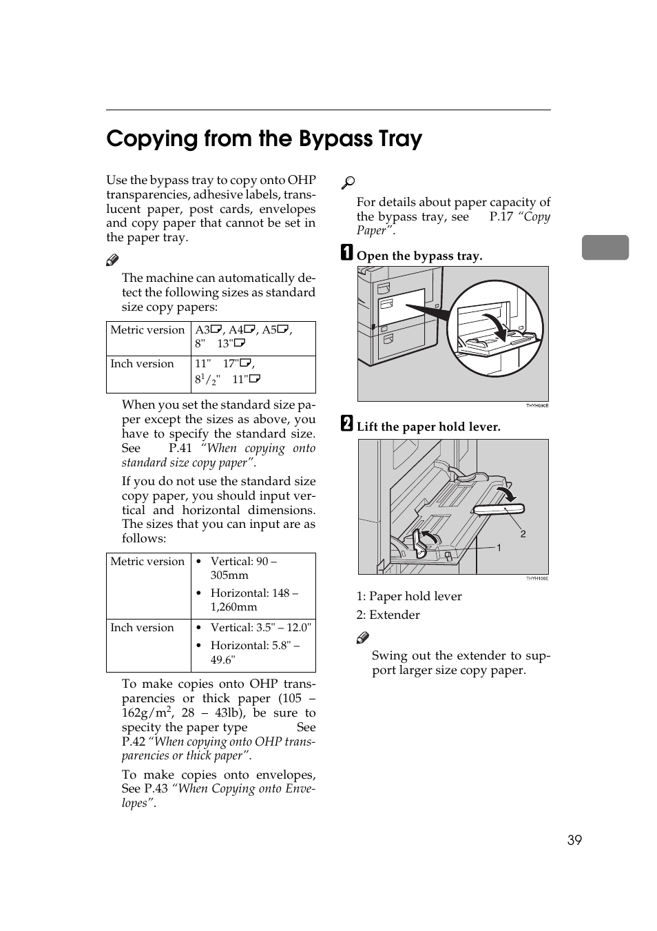 Copying from the bypass tray, P.39 “copying from the bypass tray, Ze. see | 2copying from the bypass tray | Ricoh Aficio Copy Machine 180 User Manual | Page 56 / 595