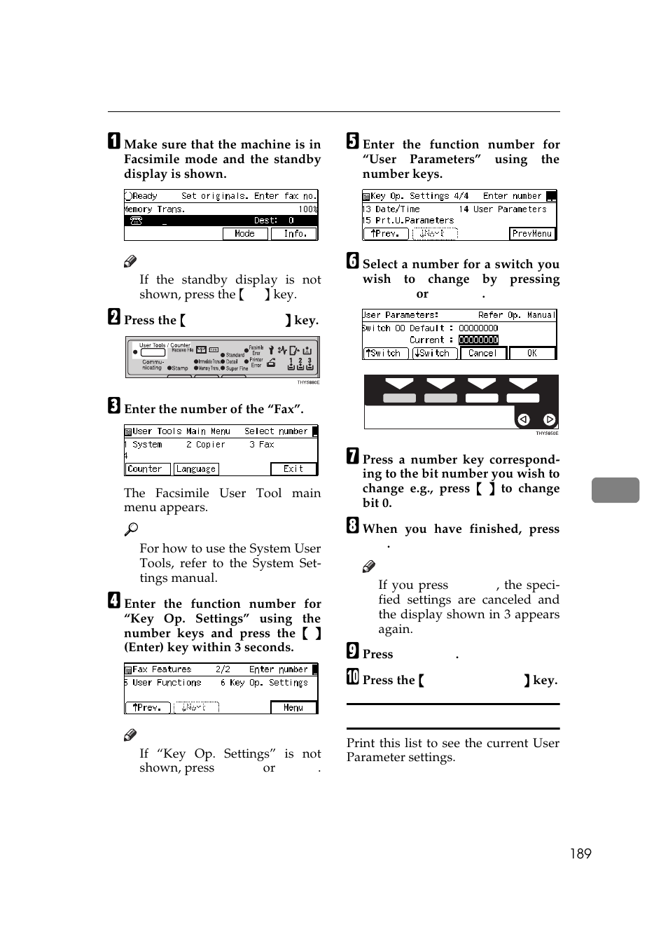 P.189, Printing the user parameter list | Ricoh Aficio Copy Machine 180 User Manual | Page 574 / 595