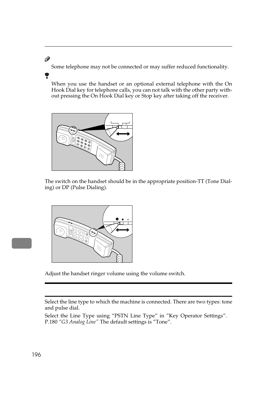 Selecting the line type, Specifying the handset line type, Adjusting the handset bell volume | Ricoh Aficio Copy Machine 180 User Manual | Page 581 / 595