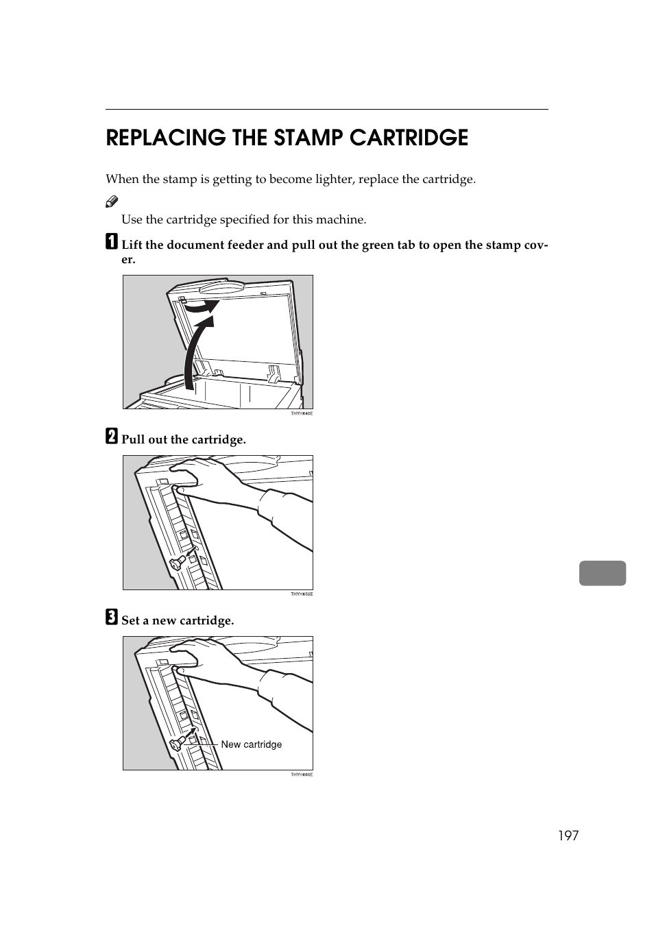 P.197 “replacing the stamp cartridge, 9replacing the stamp cartridge | Ricoh Aficio Copy Machine 180 User Manual | Page 582 / 595