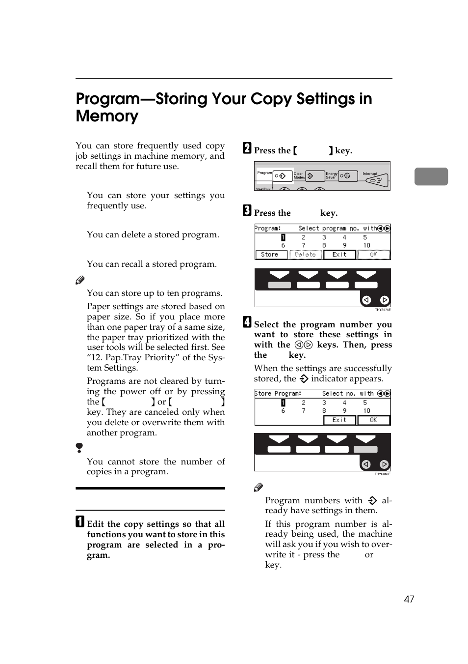 Program—storing your copy settings in memory, Storing your settings | Ricoh Aficio Copy Machine 180 User Manual | Page 64 / 595